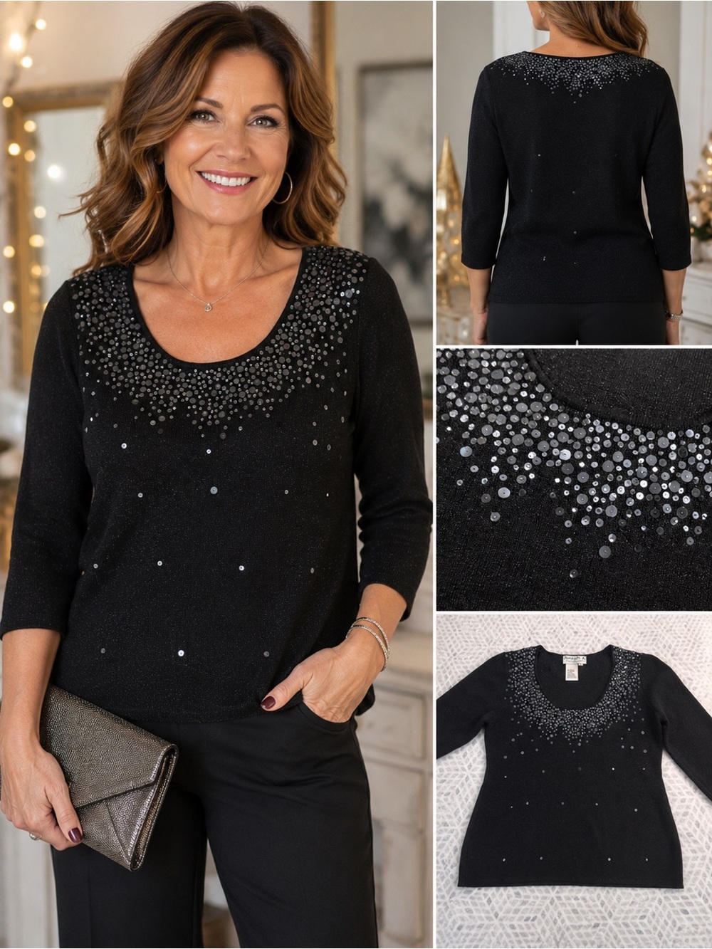 Joseph A Black Silk Blend Sequin Sweater XL Evening Party Top